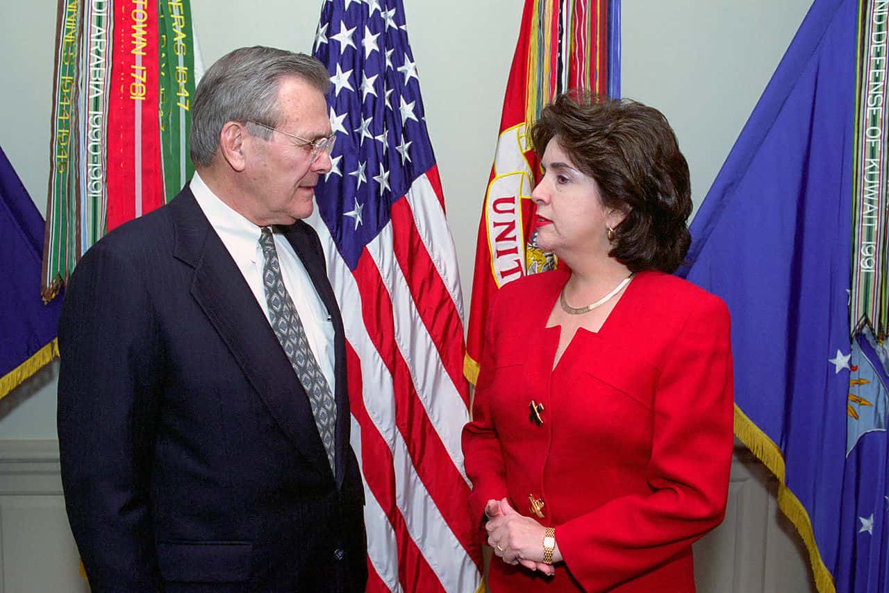 The Honorable Donald H. Rumsfeld, U.S. Secretary of Defense, poses for a picture with Sila M. Calderon, Governor of Puerto Rico