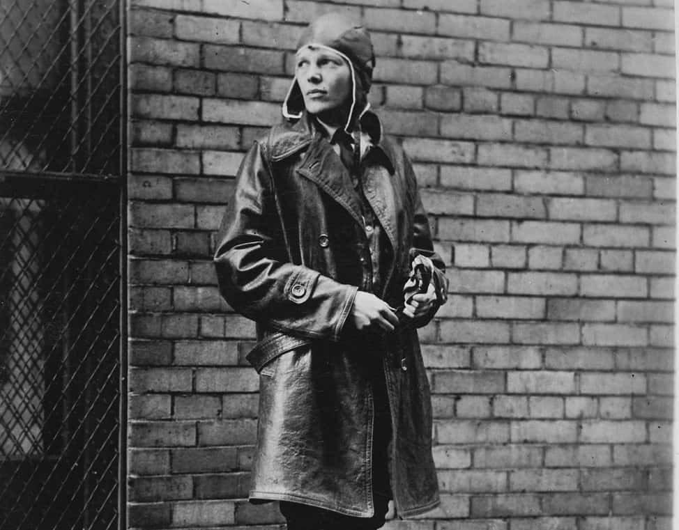 Amelia Earhart wearing a leather jacket
