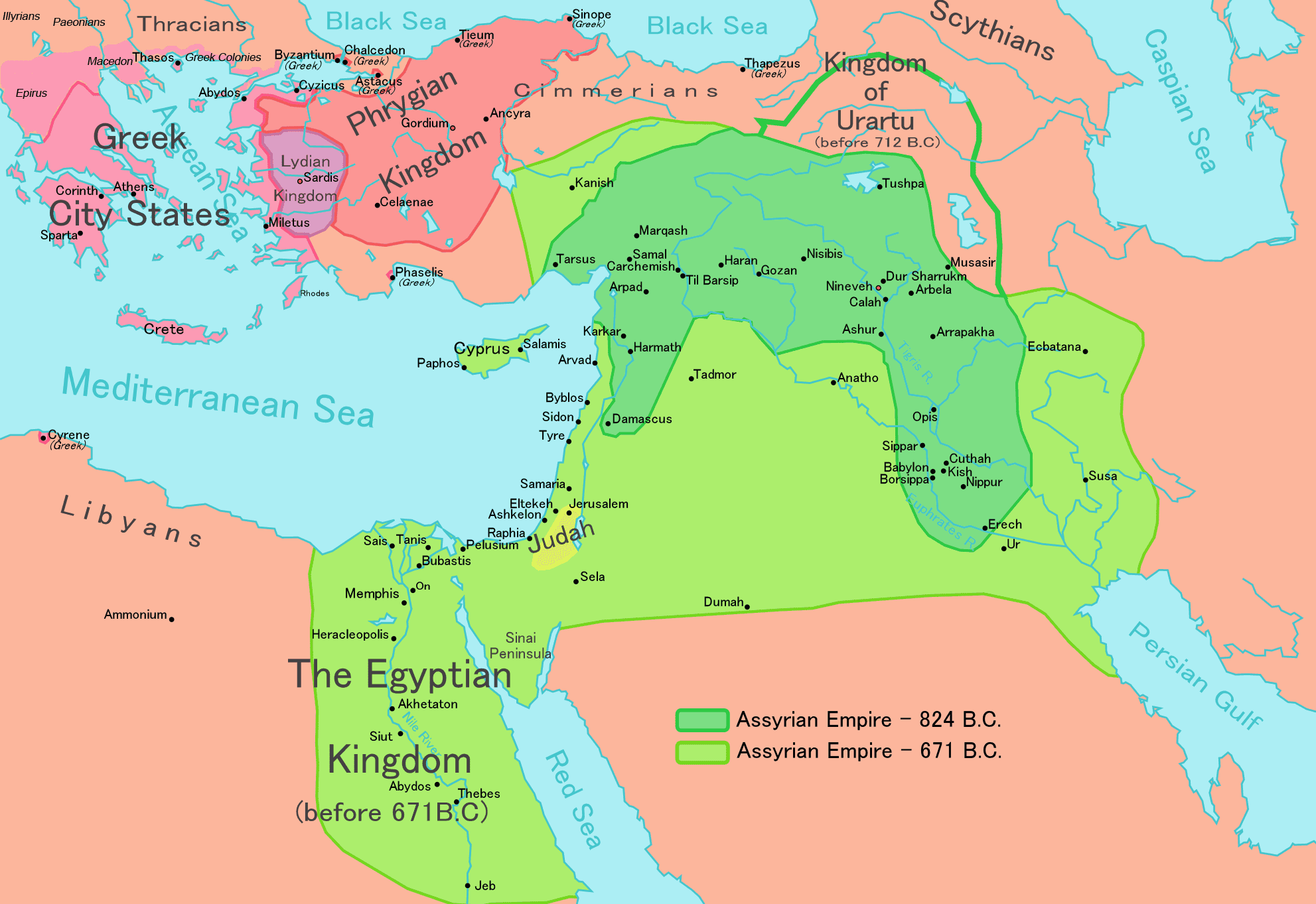 Map of the Assyrian Empire 824 BCE to 671 BCE