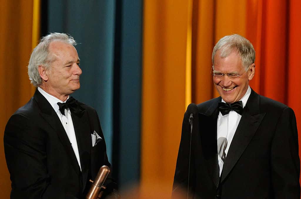 Bill Murray and David Letterman speak onstage at the First Annual Comedy Awards
