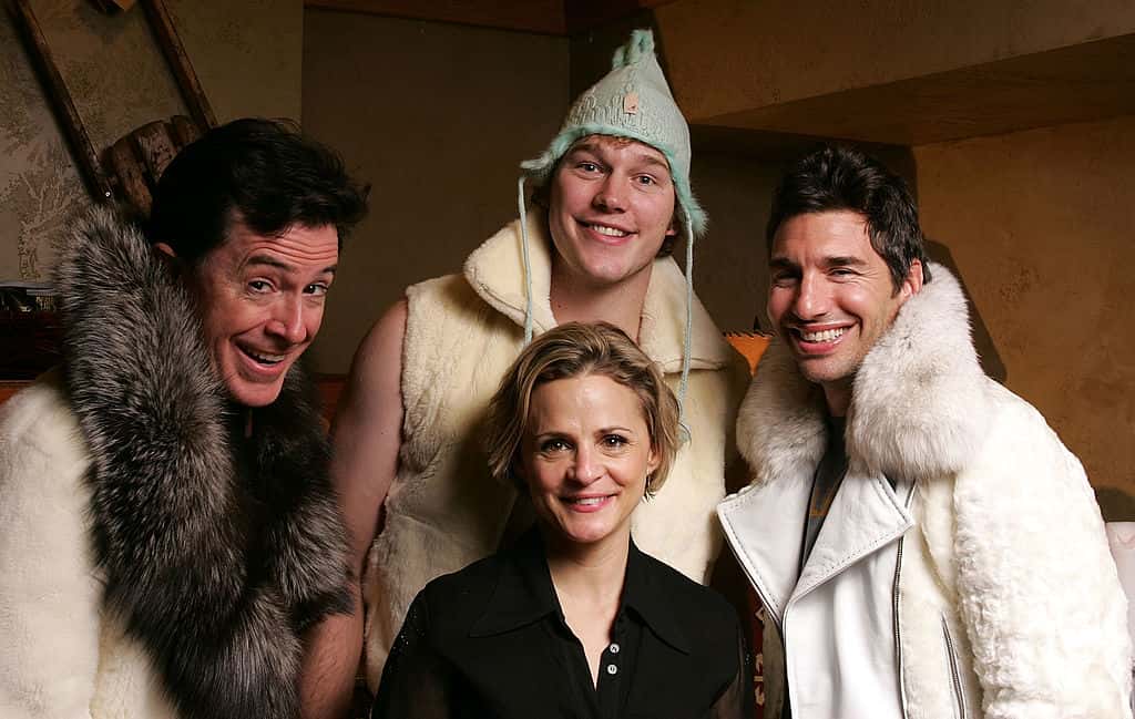 Actor Steven Colbert, actor Chris Pratt, director Paul Dinello and actress Amy Sedaris