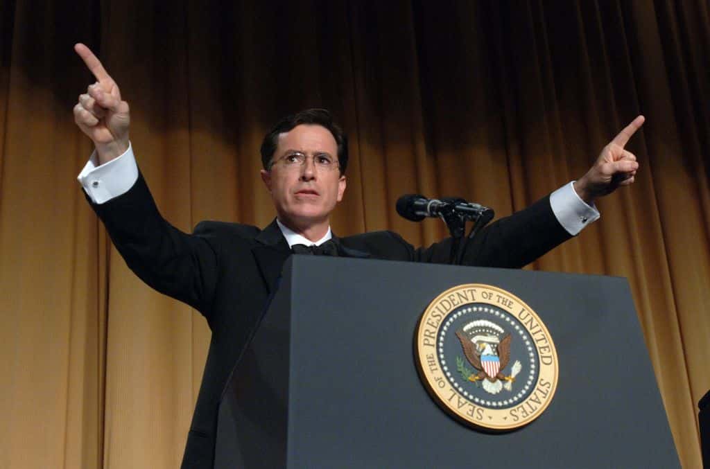 Comedian Stephen Colbert entertains guests