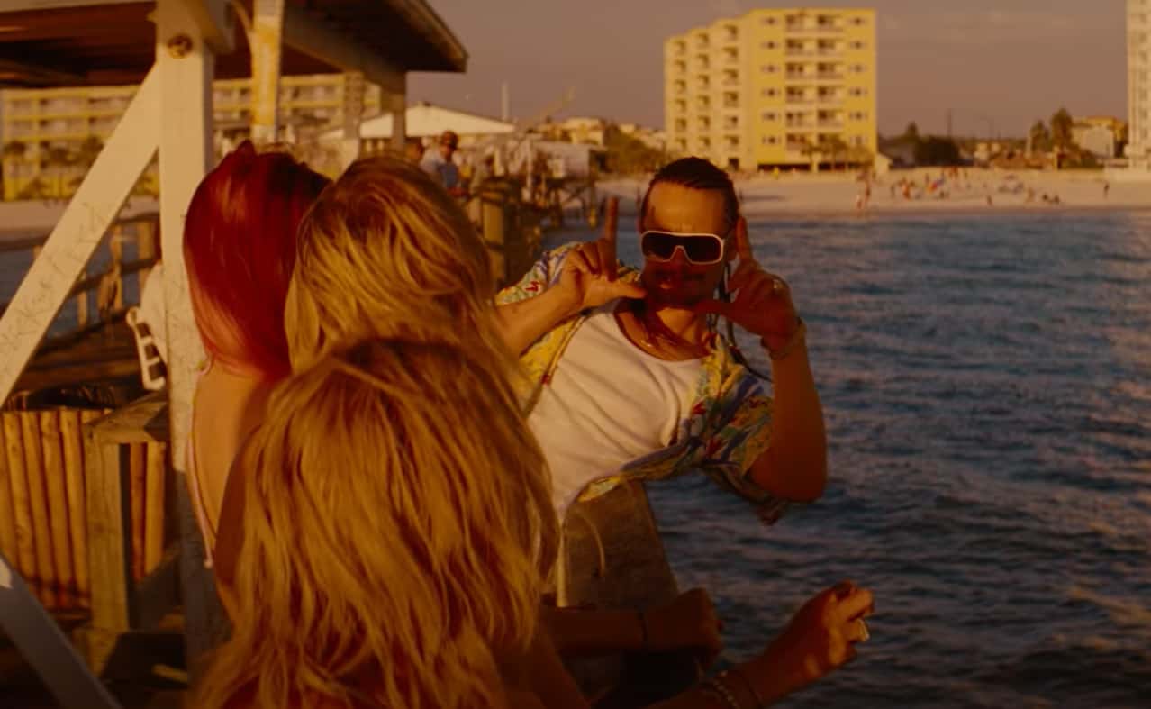 A visually captivating still taken from a pivotal moment in the film Spring Breakers (2012)