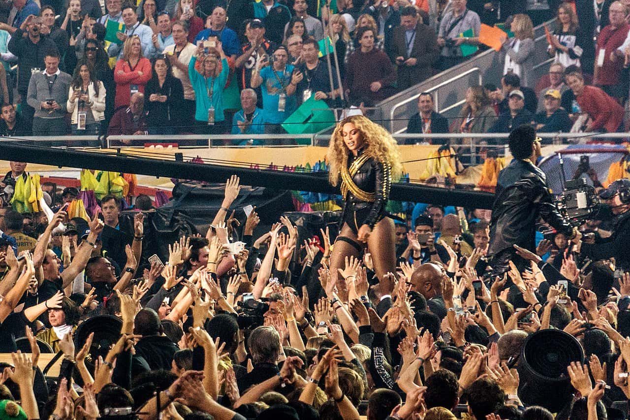 Beyoncé performs at the Super Bowl 50 halftime show, as a special guest for Coldplay