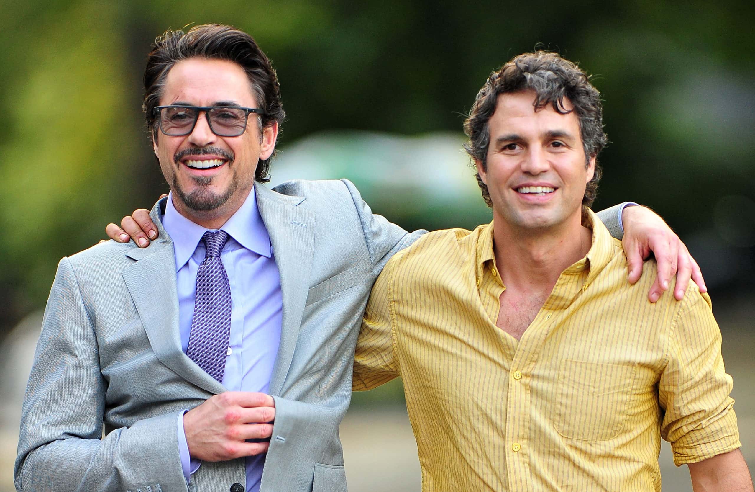 Robert Downey Jr. and Mark Ruffalo filming on location for "The Avengers"