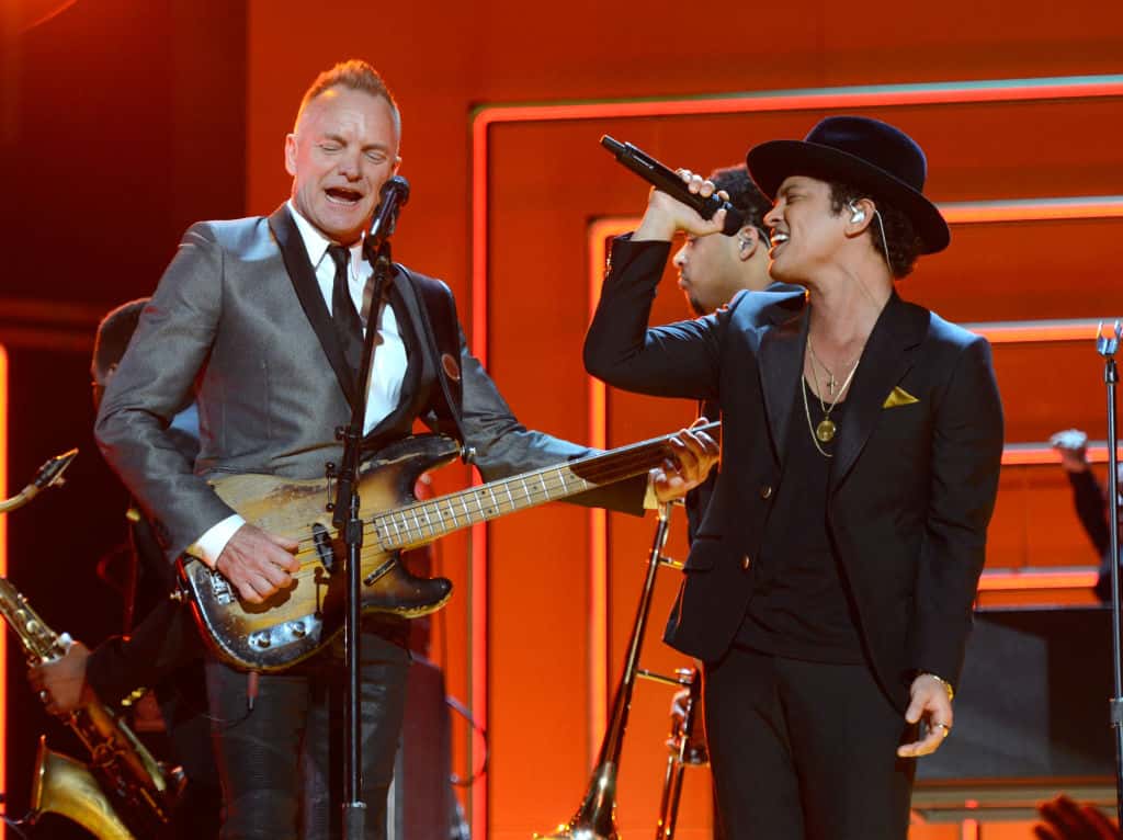 Sting and Bruno Mars perform onstage during the 55th Annual GRAMMY Awards