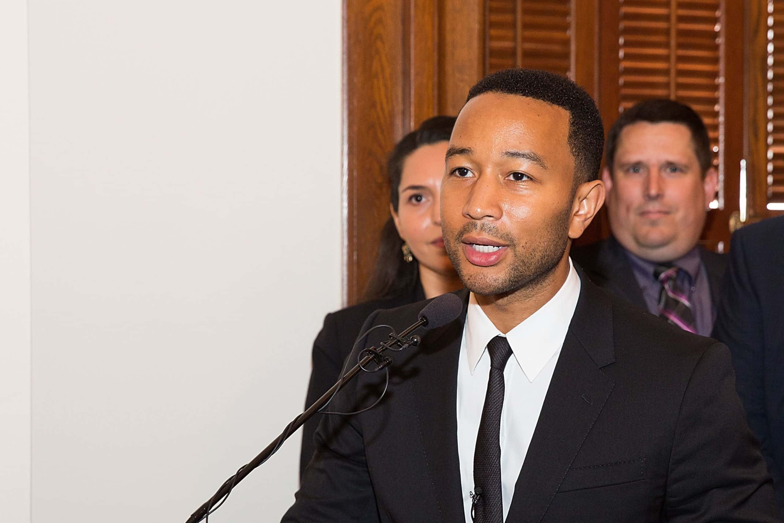 John Legend speaks during a press conference in support of his first official stop for his campaign