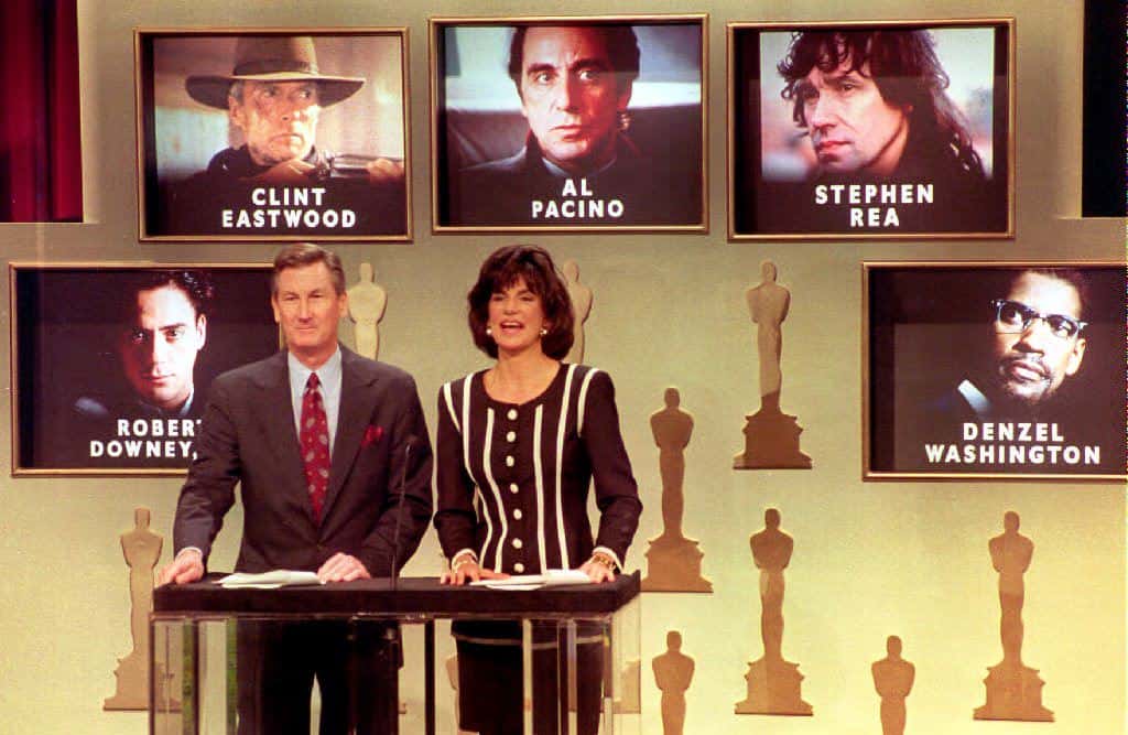 Robert Rehme and Mercedes Ruehl announce the academy's nomination for Best Perforance by an Actor in a Leading Role 17 February 1993
