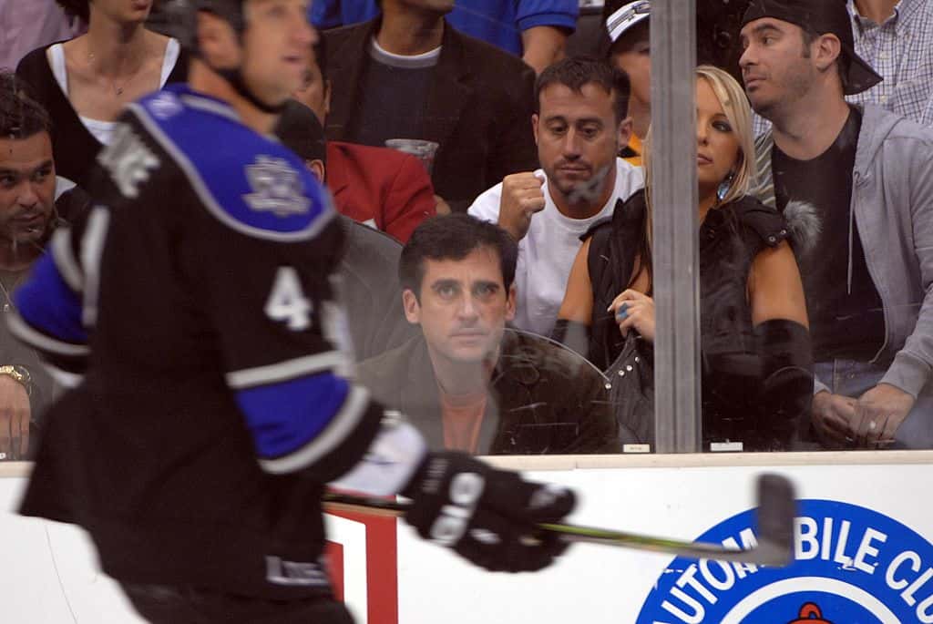 Steve Carell of the "Office" watches Rob Blake #4 of the Los Angeles Kings