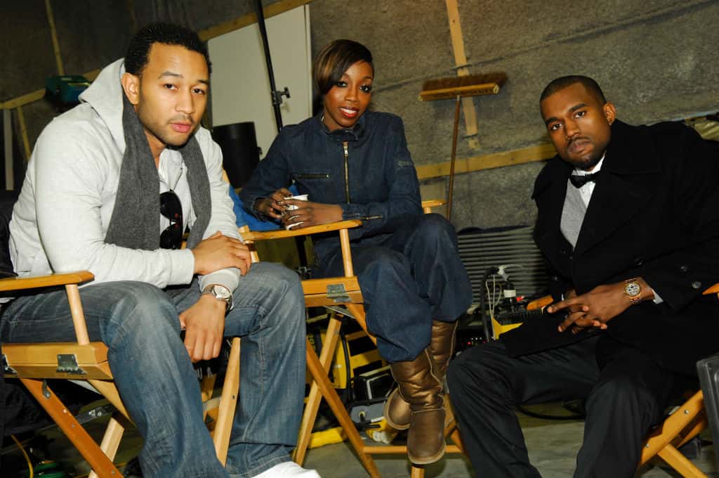 Recording artists John Legend, Estelle, and Kanye West attend Estelle's