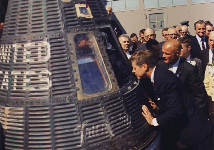 President John F. Kennedy inspects Mercury capsule