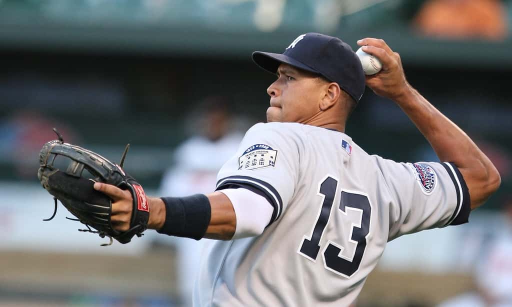 Alex Rodriguez (A-Rod) at third base for the New York Yankees throws a ball to first base