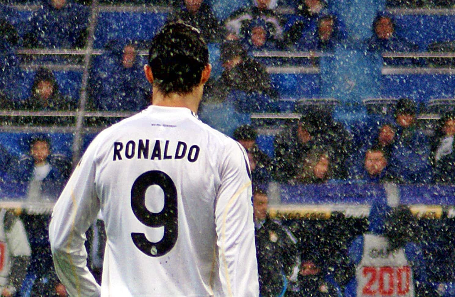 Cristiano Ronaldo playing for Real Madrid during a match in the rain on January 10, 2010.