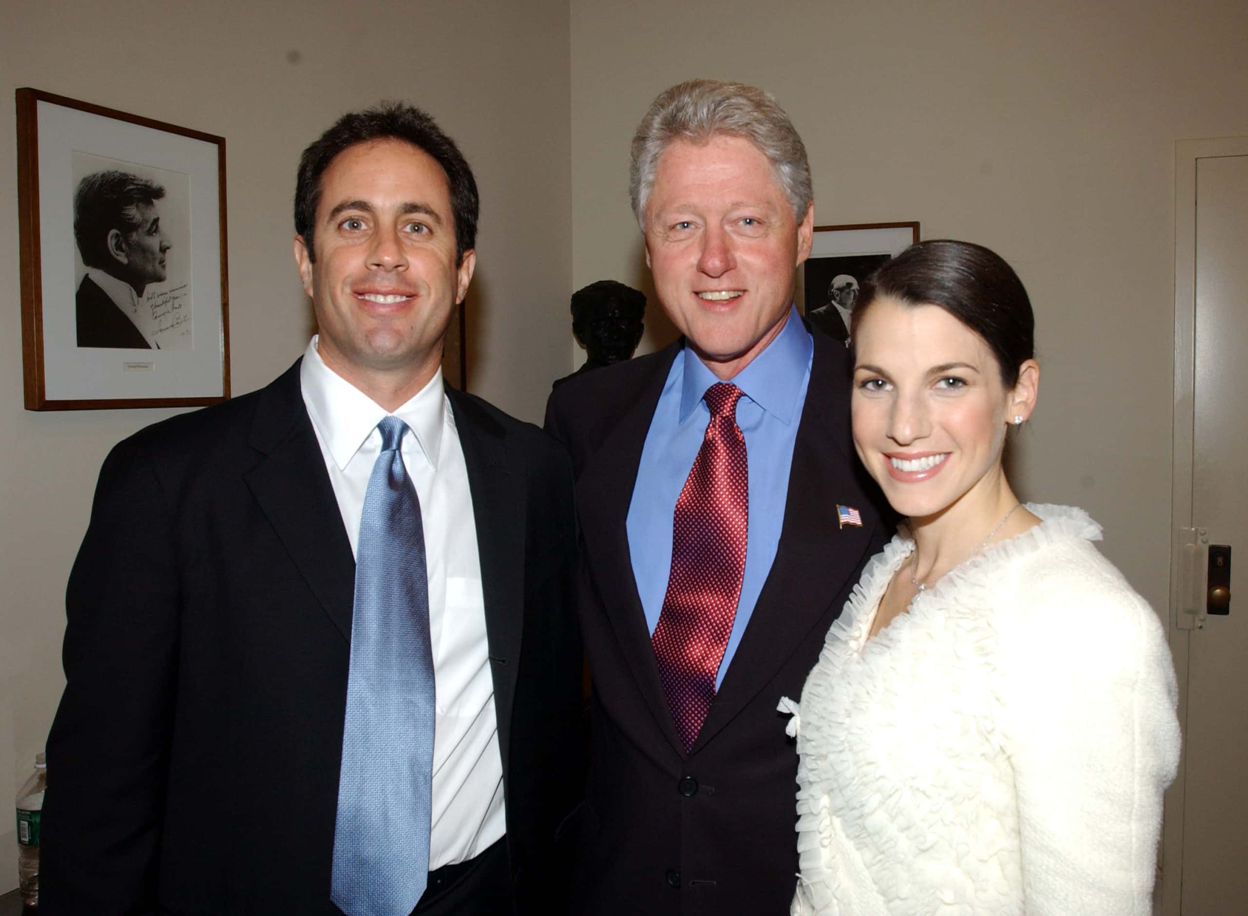 Jerry Seinfeld, Bill Clinton, and Jessica Seinfeld photographed backstage of "Stand Up for New York"
