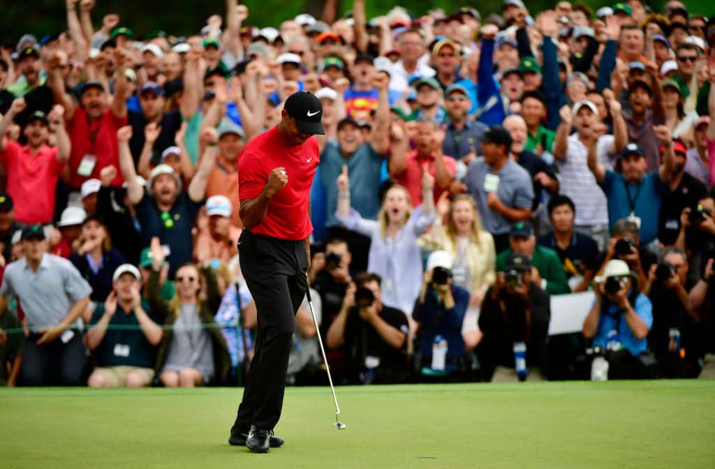 Masters champion Tiger Woods celebrates winning the Masters at Augusta National Golf Club
