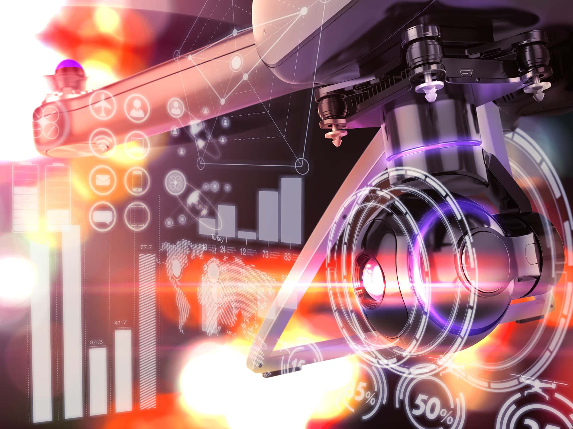 Double Exposure, Air Drone Flying with action camera. 3D