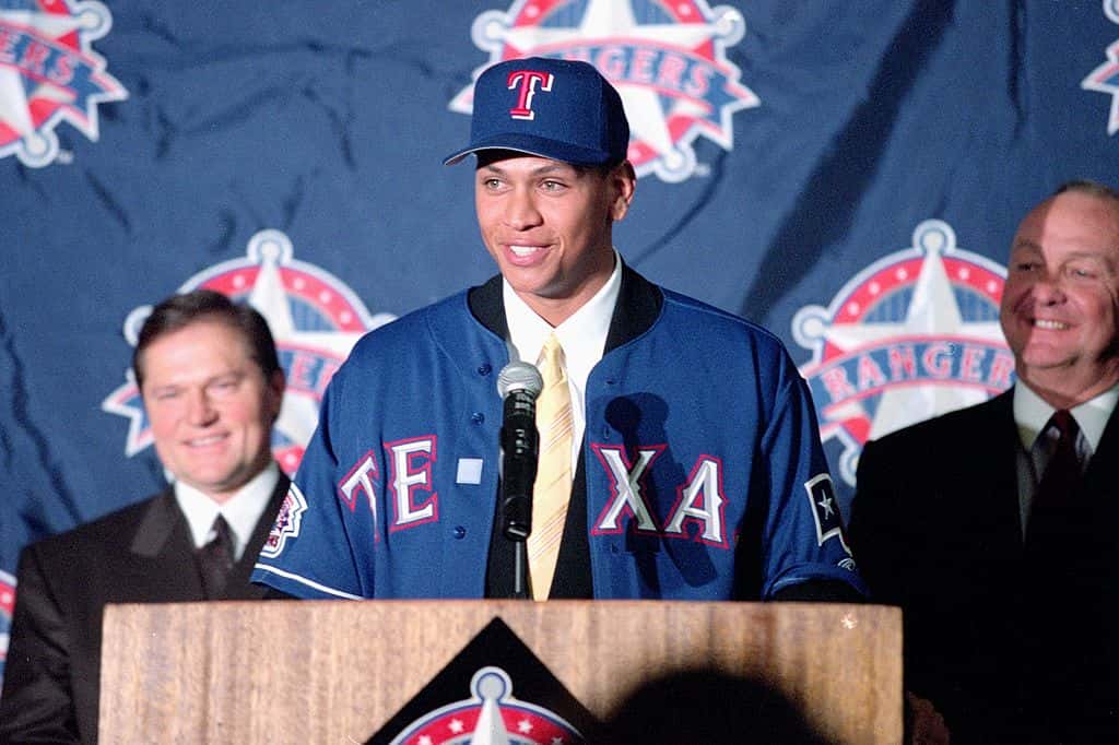 Alex Rodriguez talks during a press conference after being signed to the Texas Rangers