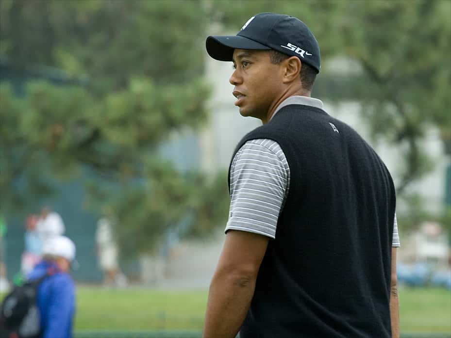 A view of Tiger Woods as he walks off the 8th green