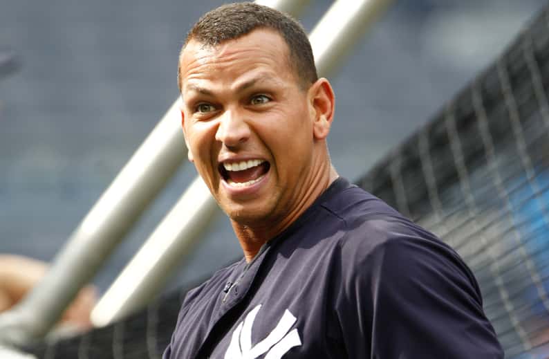 New York Yankees third baseman Alex Rodriguez (13) smiles during batting practice before the game against the New York Mets