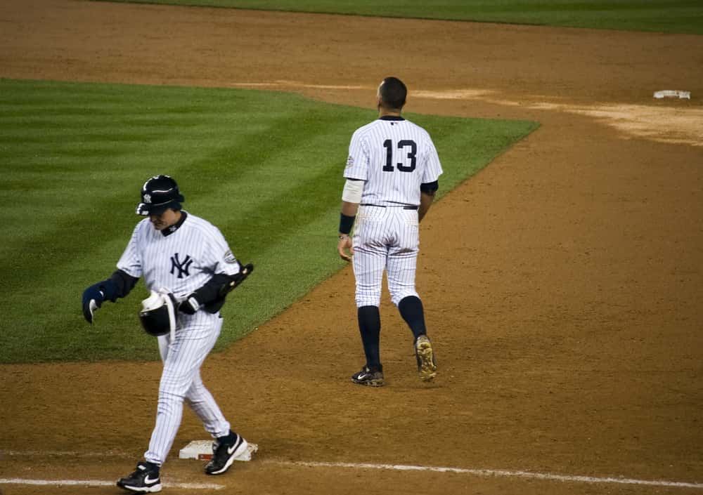 Alex Rodriguez (#13) on the field after making out during game 2 of the American League Championship Series