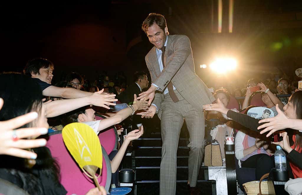 US actor Chris Pine greets fans during the premiere
