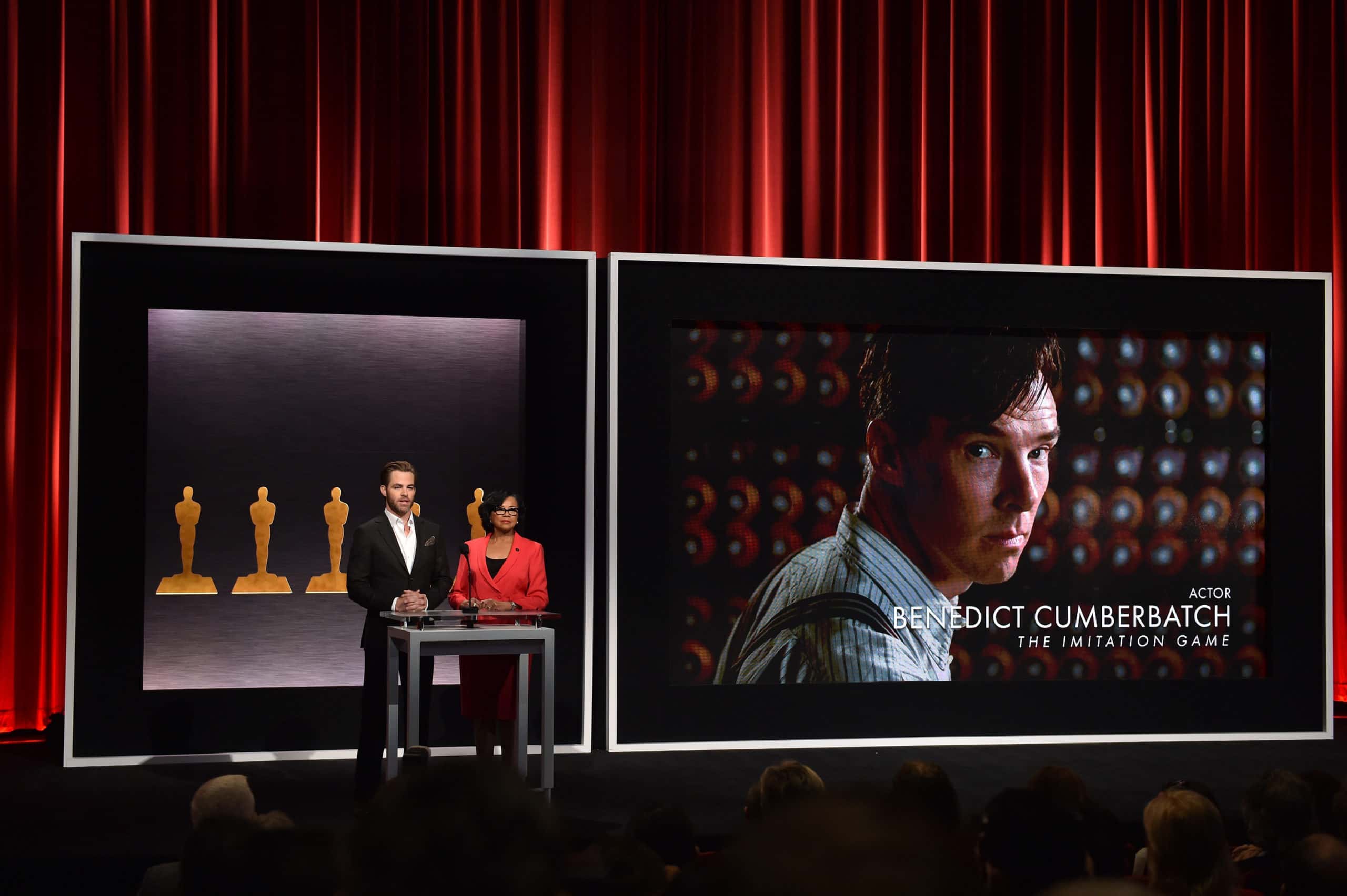Actor Chris Pine and Academy President Cheryl Boone Isaacs announce Benedict Cumberbatch as a nominee for Best Actor in the film 'The Imitation Game'