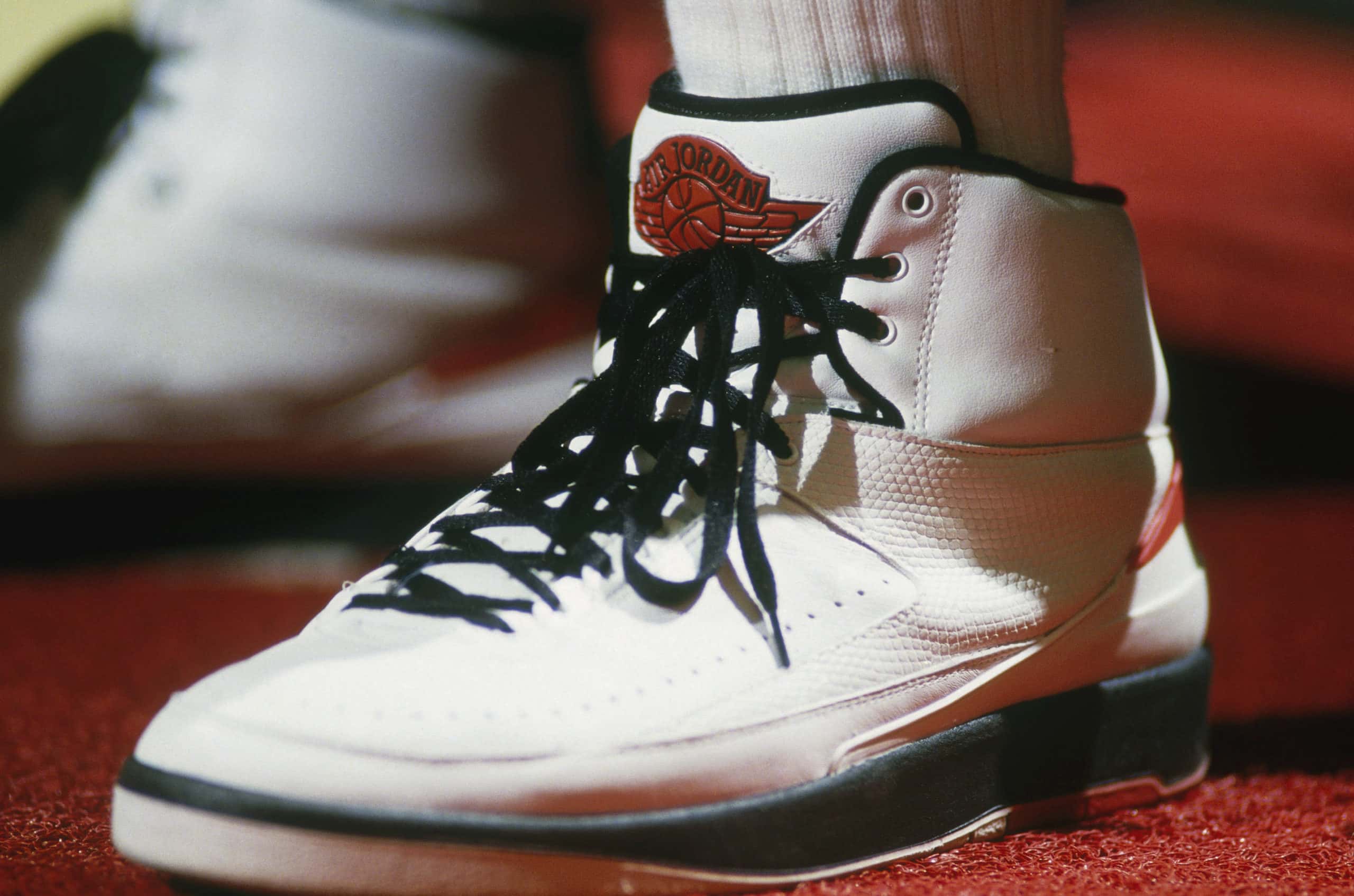 Detail of the "Air Jordan" Nike shoes worn by Chicago Bulls' center Michael Jordan #23