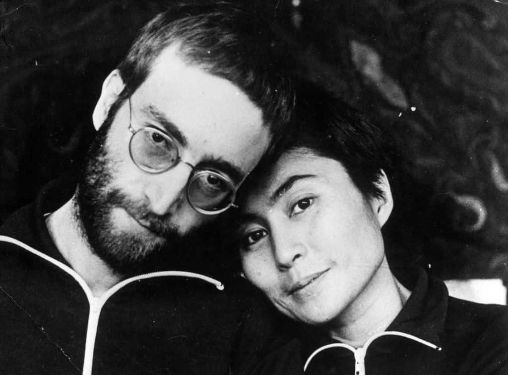 Grayscale Portrait Photo of John Lennon and Yoko Ono