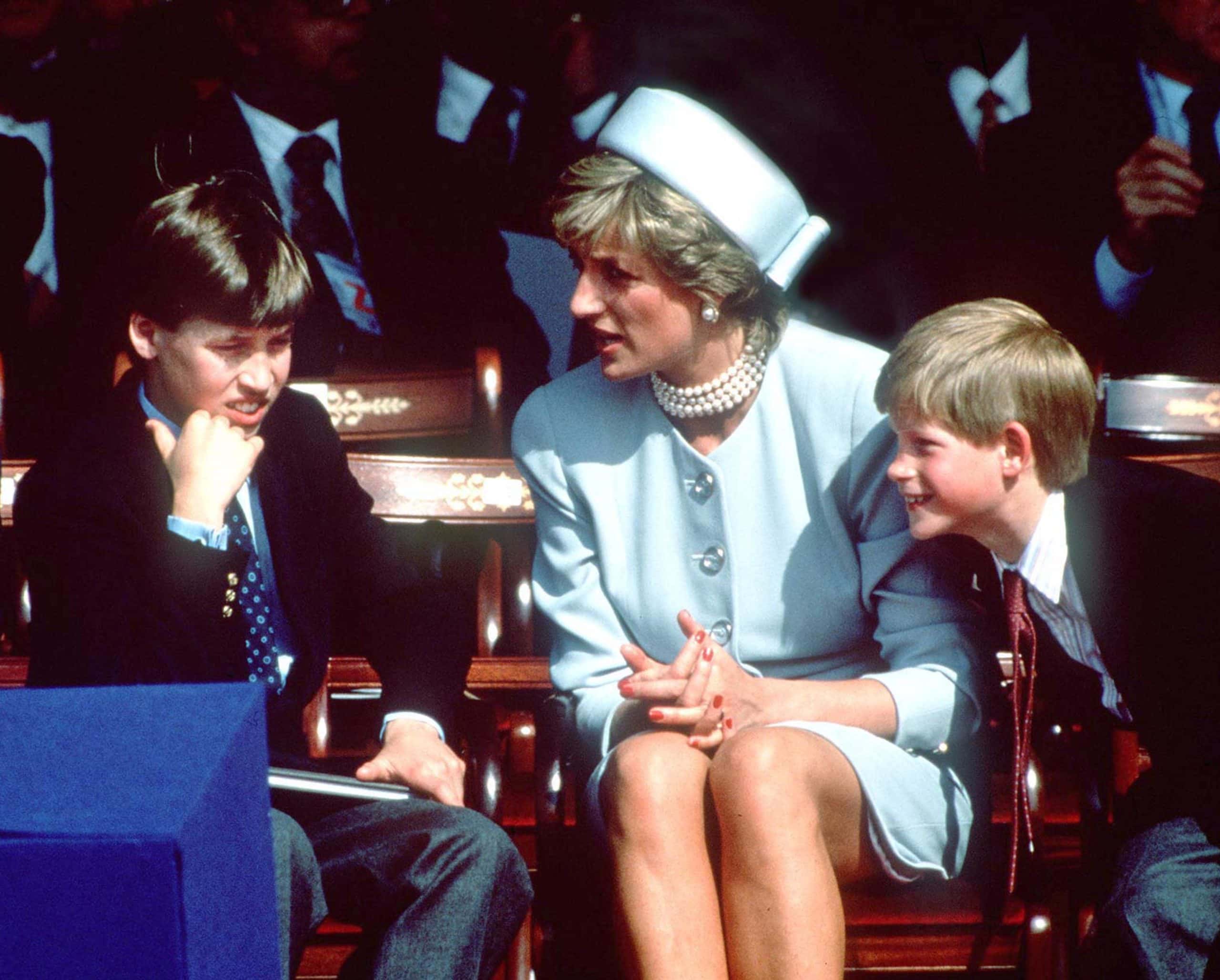 Princess Diana (1961 - 1997) with her sons Prince William and Prince Harry at the V.E Day commemorations in Hyde Park, London, May 1995.