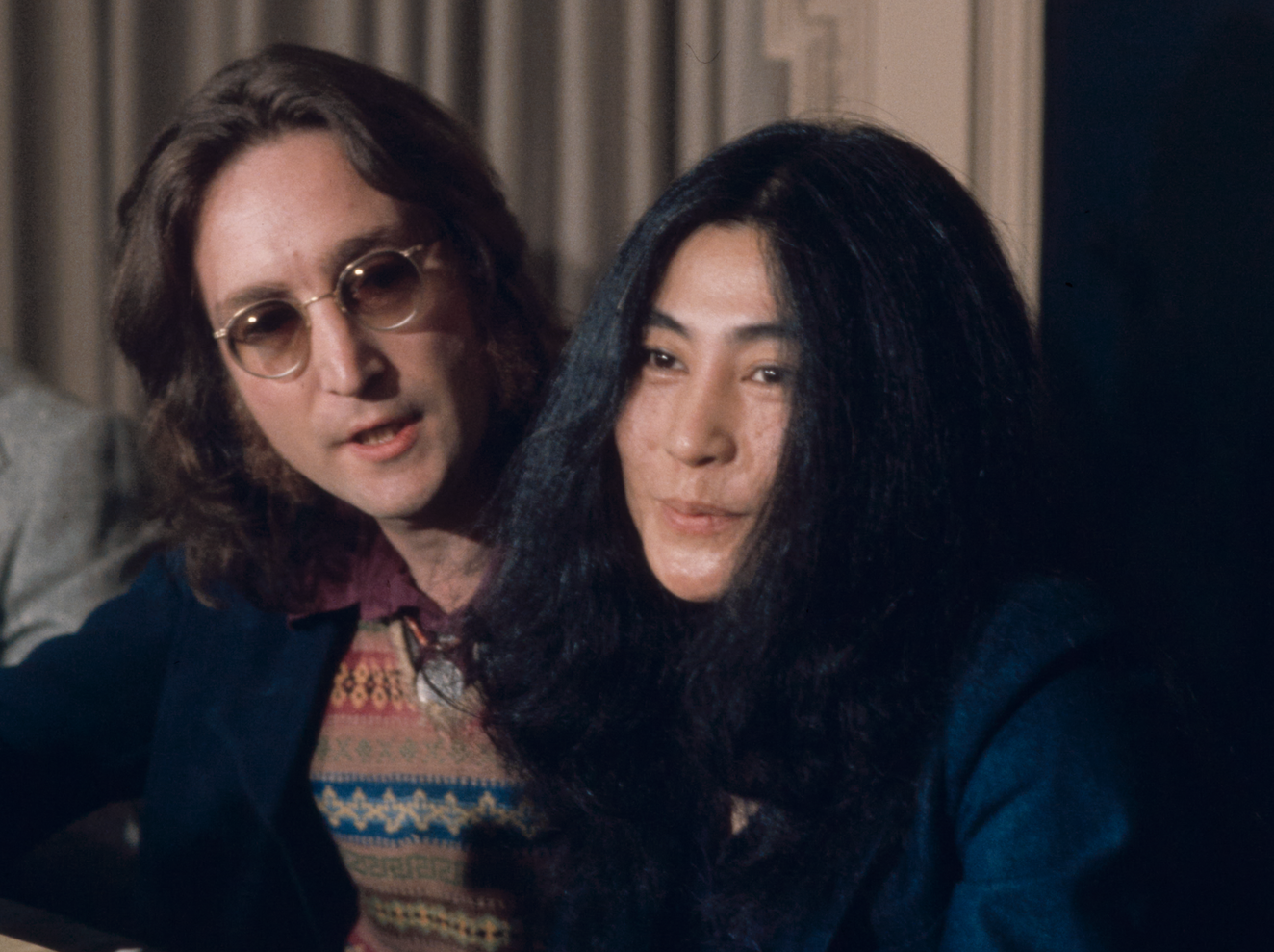 John Lennon and Yoko Ono at a New York press conference on April 2nd, 1973