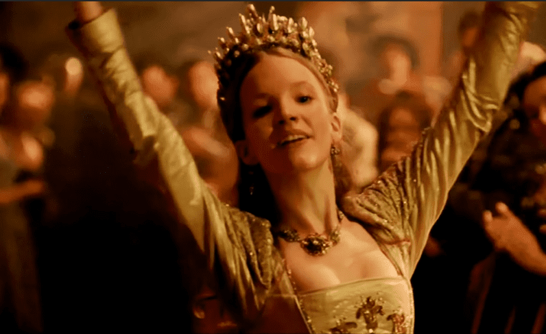 Screenshot of Catherine Howard with long hair dancing - from The Tudors (2007–2010)