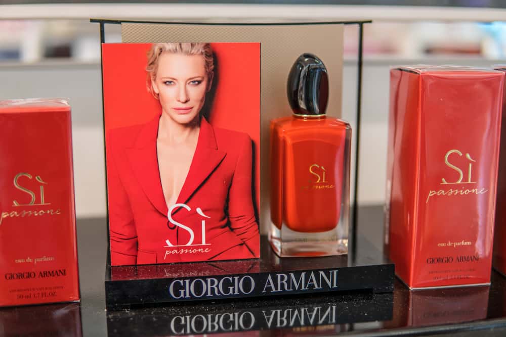 Si Passione perfume by Giorgio Armani on the shop display with Cate Blanchett