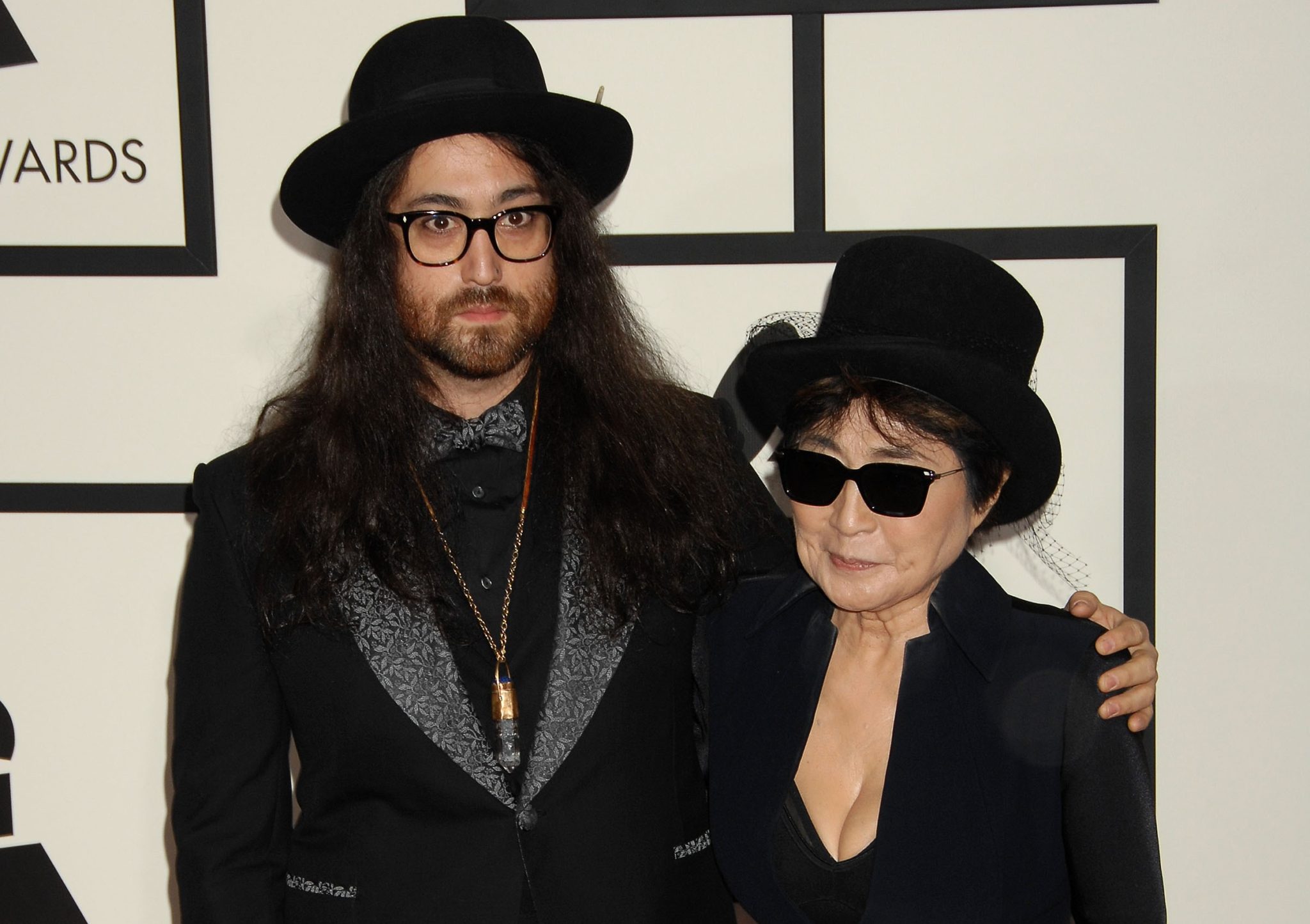 Sean Lennon and mother Yoko Ono arrives at the 56th Annual Grammy Awards