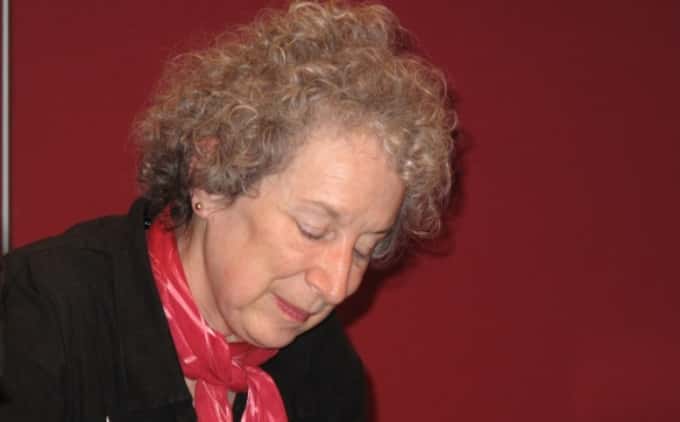 Margaret Atwood wearing red scarf