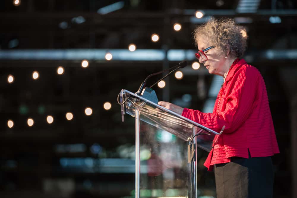 Margaret Atwood speaking in front of an audience