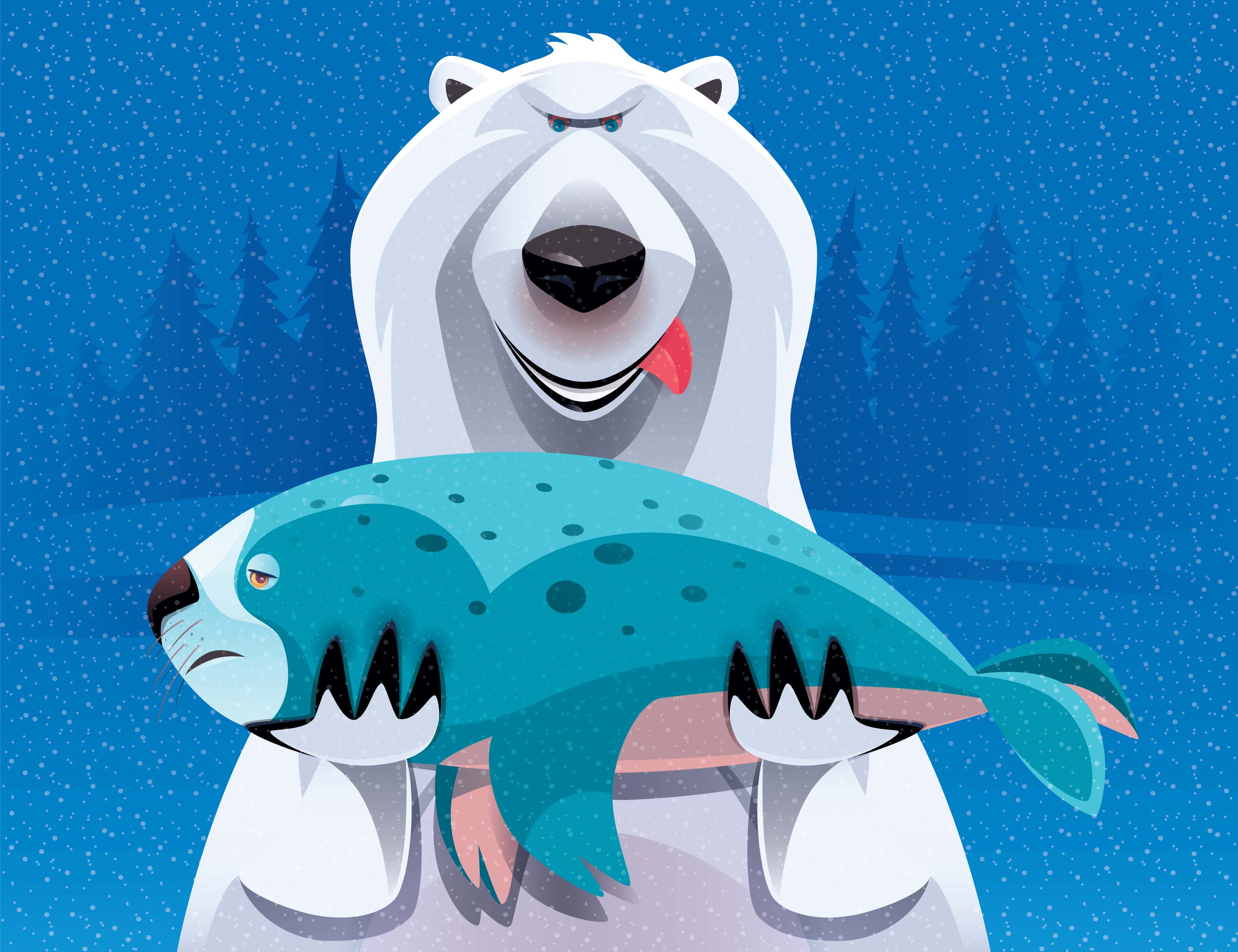 Polar bear holding a seal. Illustration.
