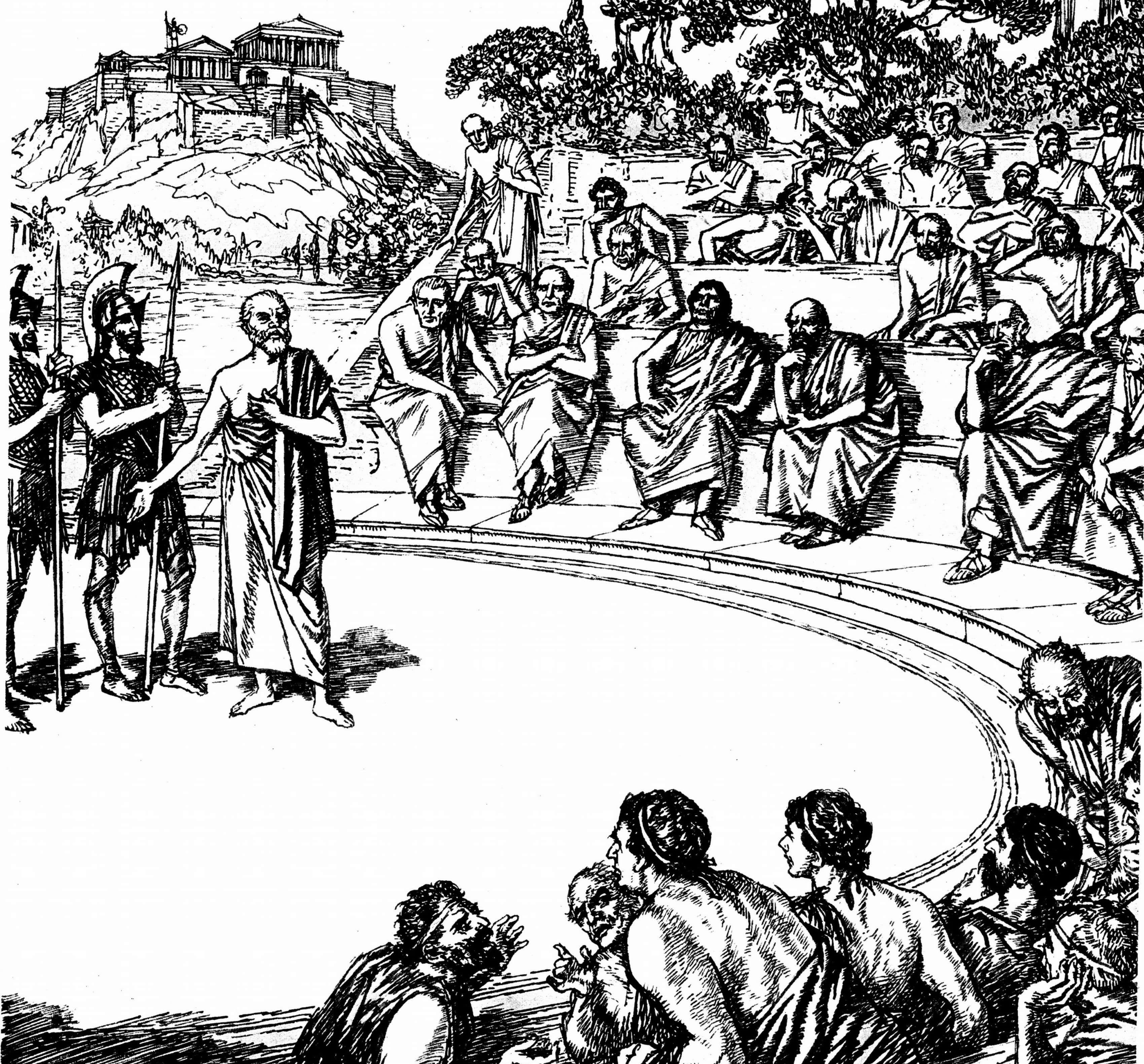 Socrates (439-399) Ancient Greek philosopher. Socrates on trial for 'corrupting youth' and 'impiety'. Sentenced to death by drinking hemlock. 19th century illustration.