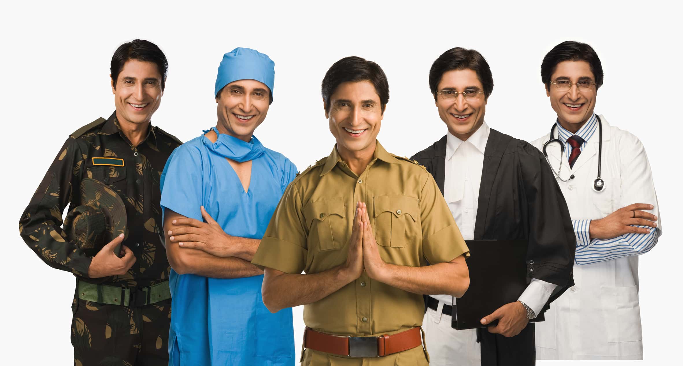 Multiple images of a man in different occupations uniforms