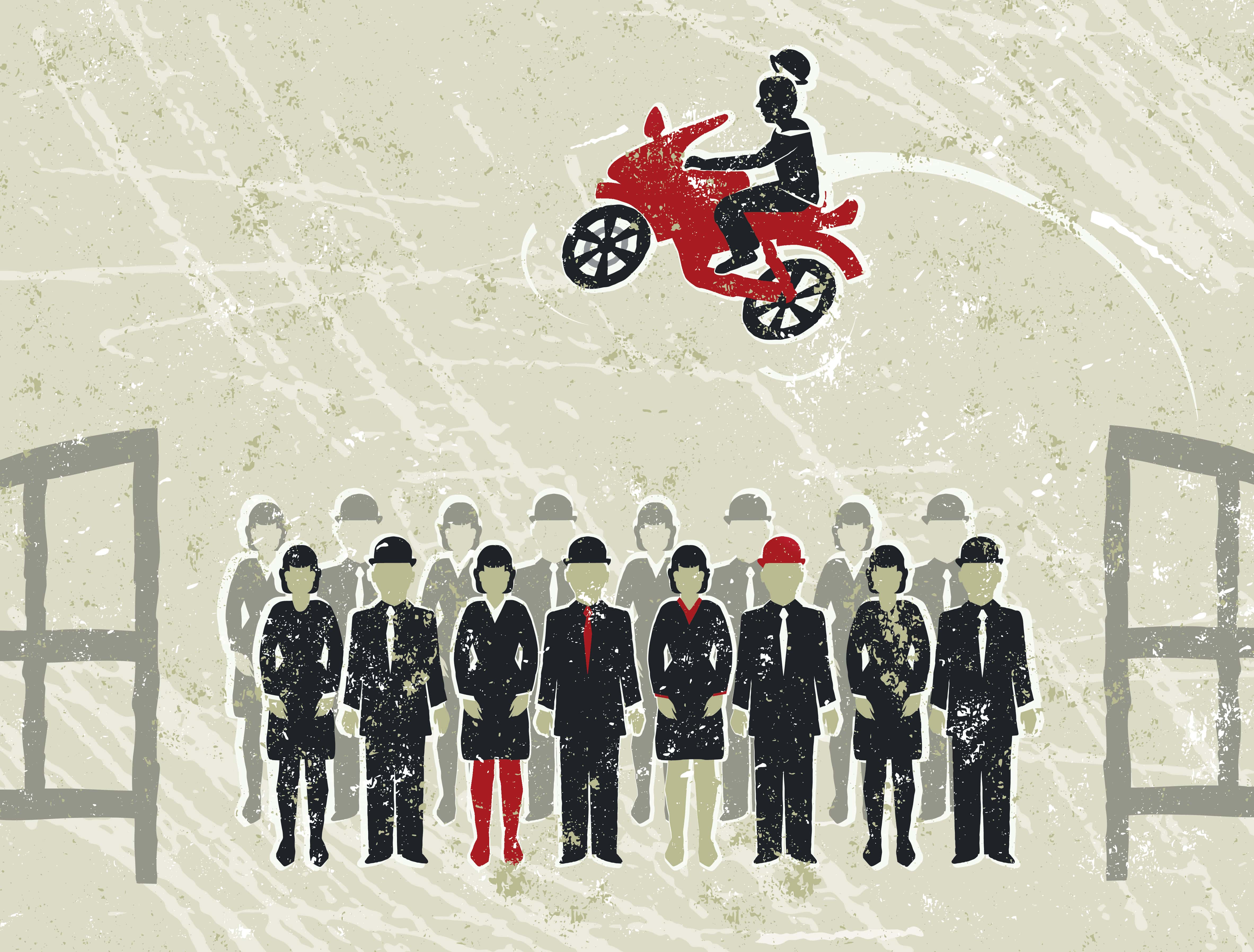 Businessman Jumping Motorcycle Over Business People.