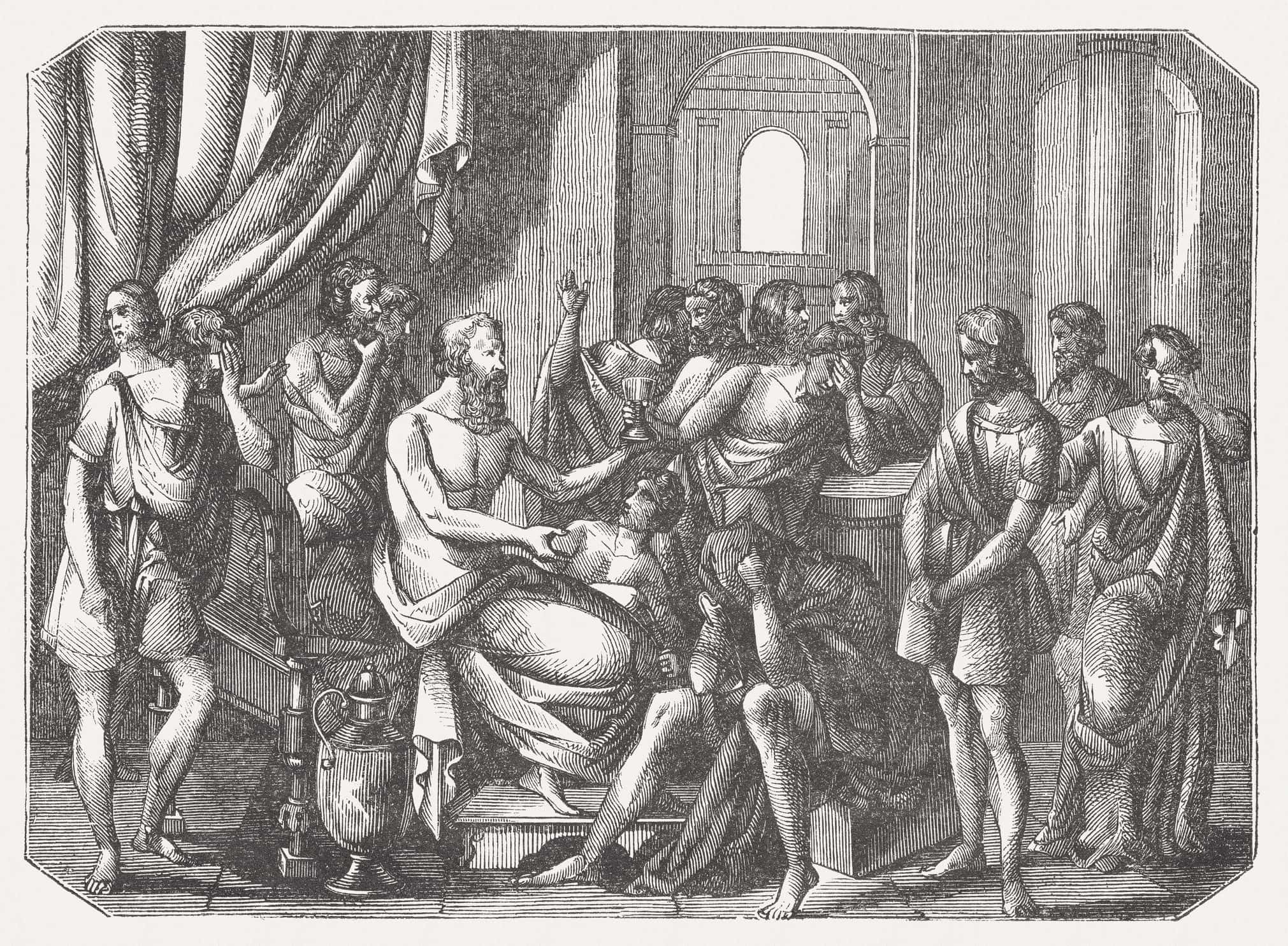 Socrates (469-399 BC, Greek philosopher) drinks the cup of poison.