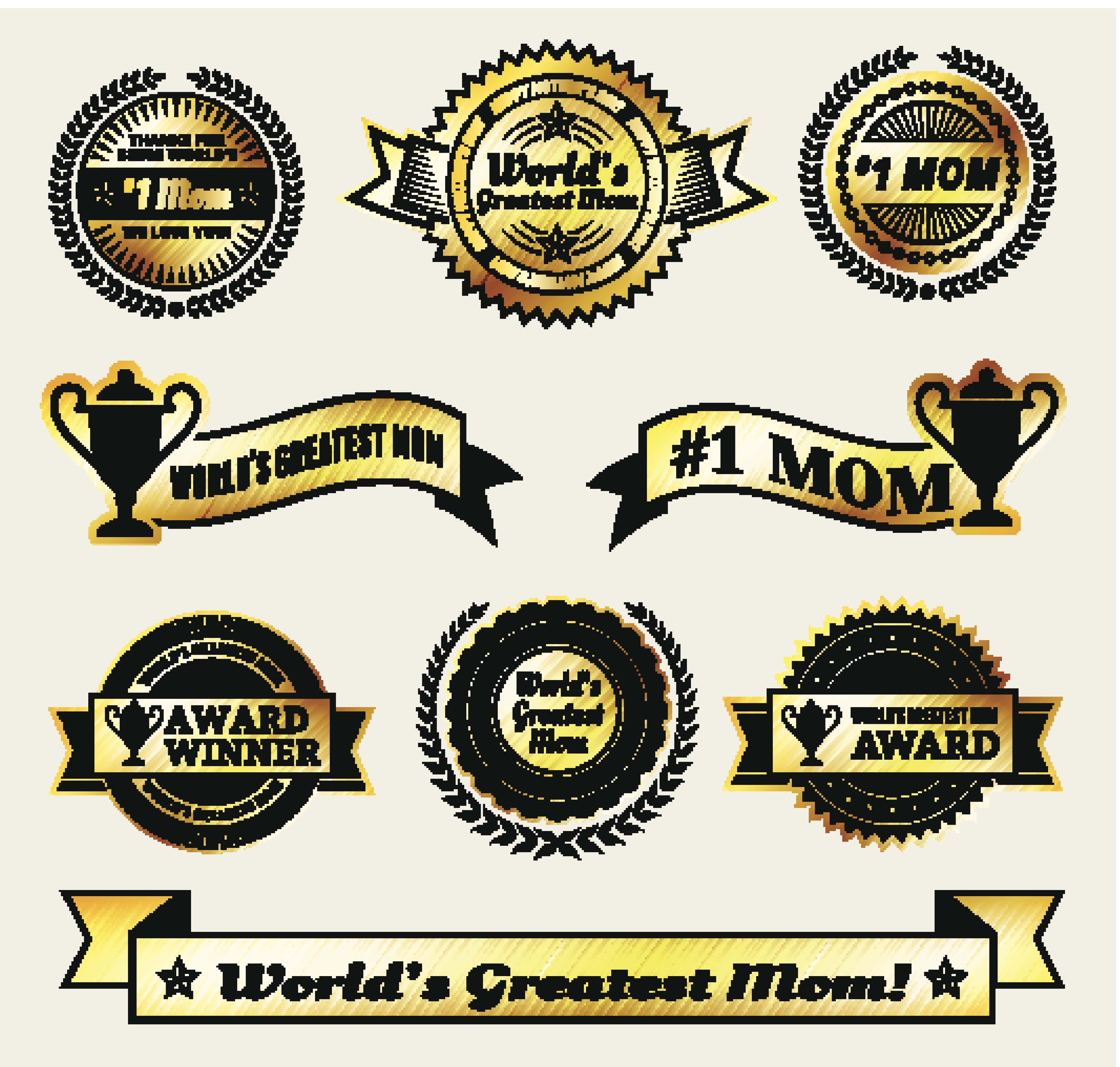 World Greatest #1 Mom gold Vector Icon badge set.