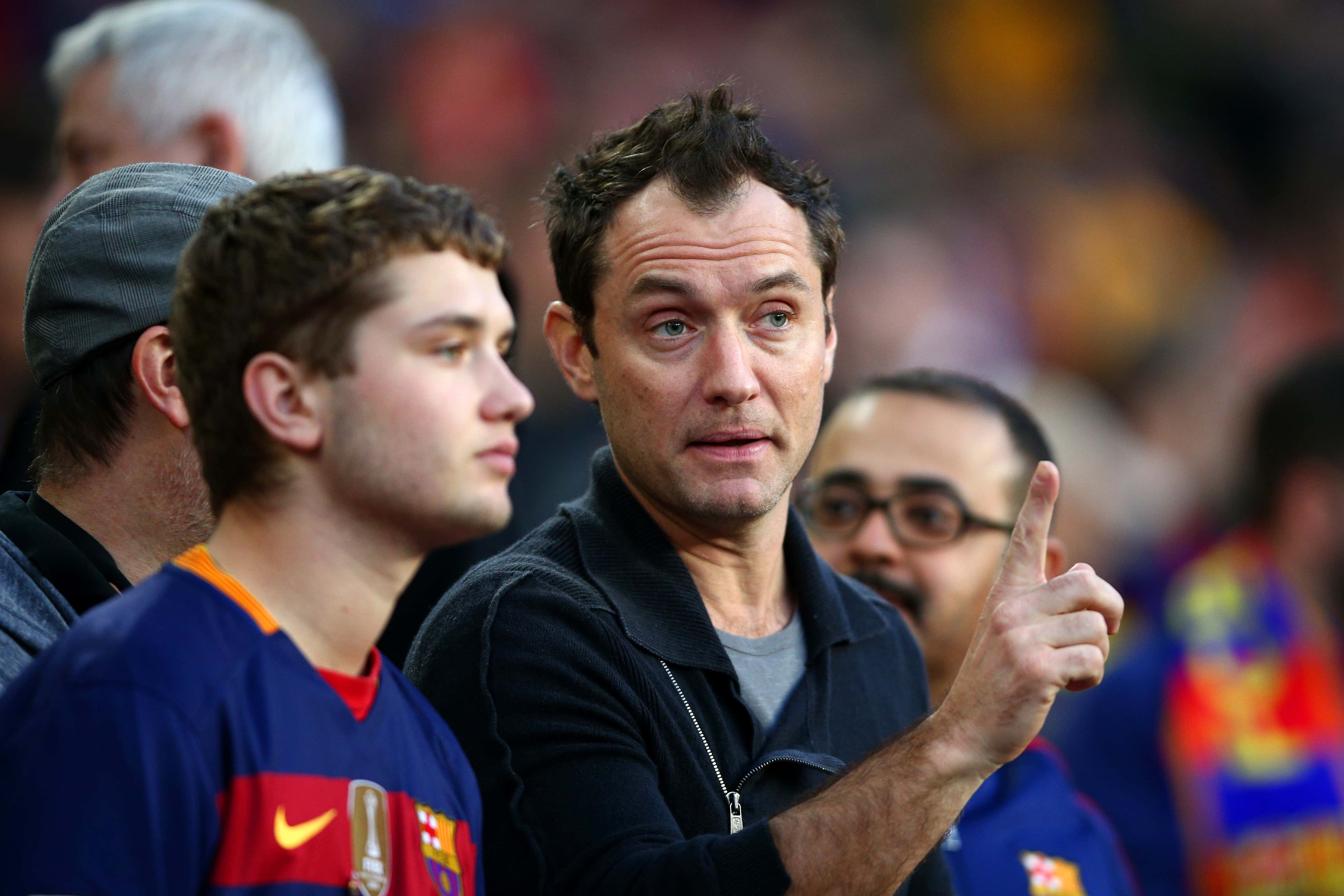 Jude Law and his son Rafferty Law on La Liga match between FC Barcelona and Real Madrid CF