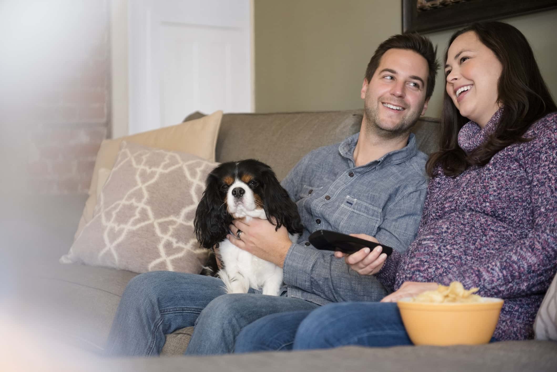 Happy mid adult couple relaxing on sofa with dog.