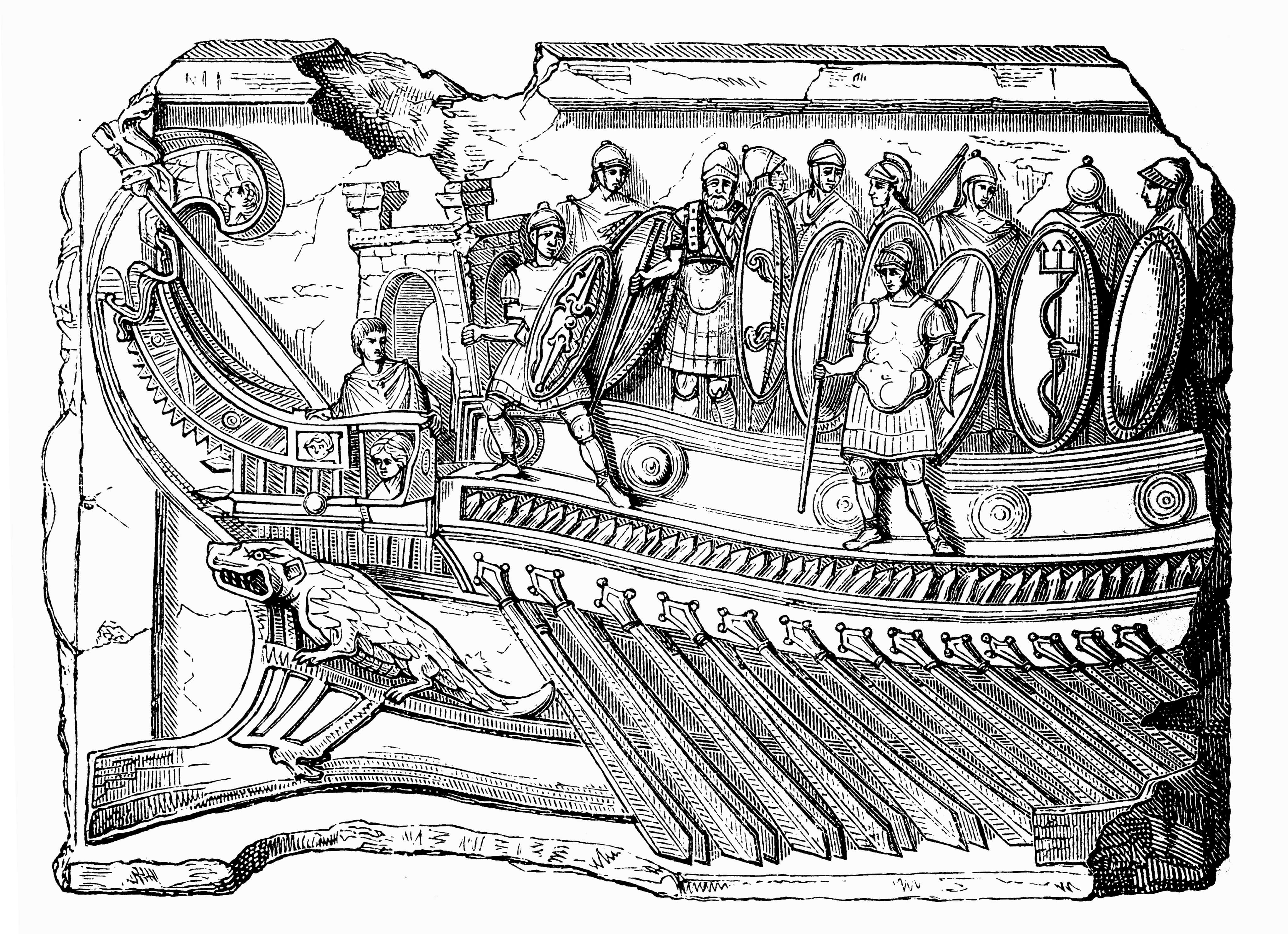 Roman Empire, warship, after relief at temple of Fortune Primigenia