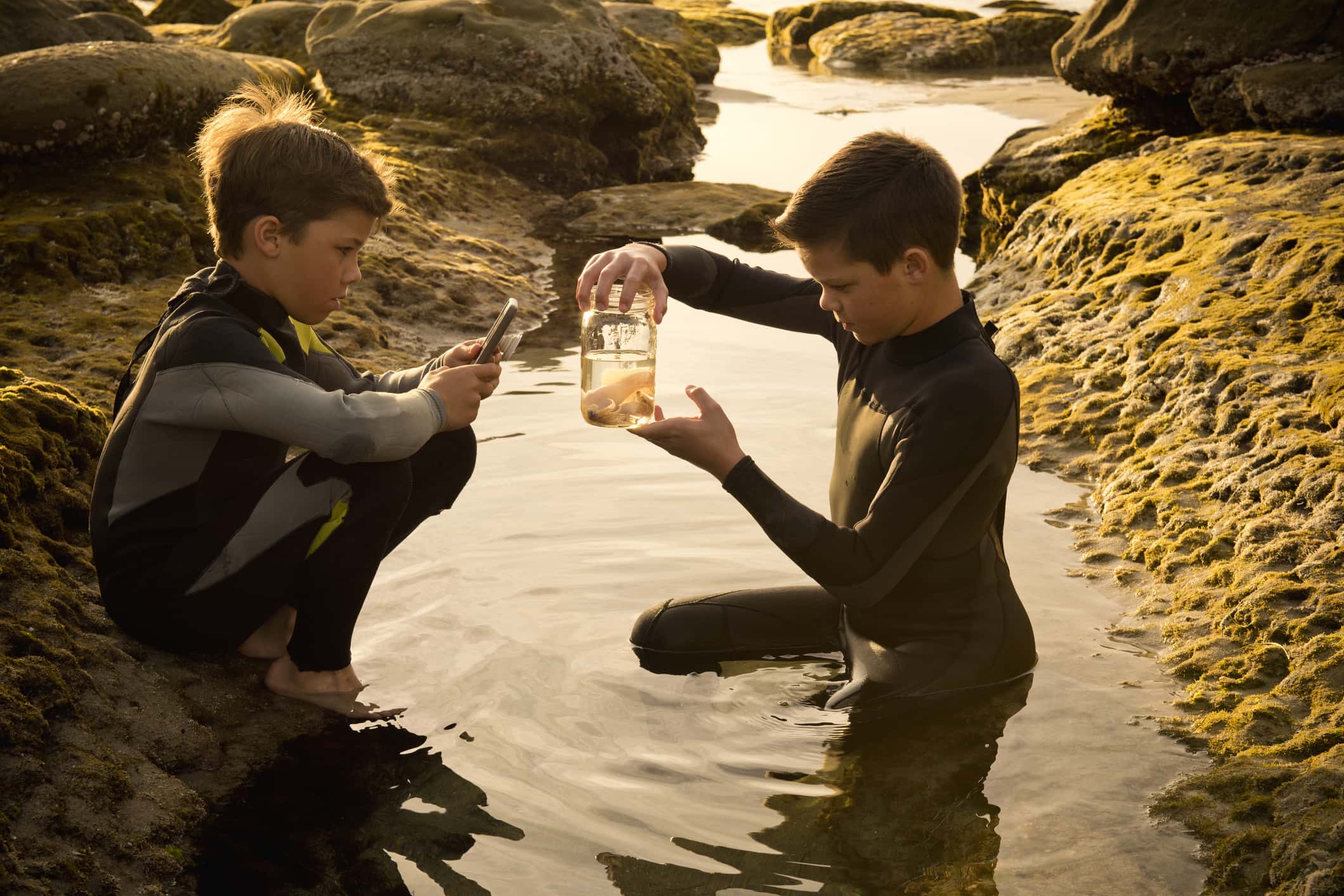 Boys explore tide pools in afternoon