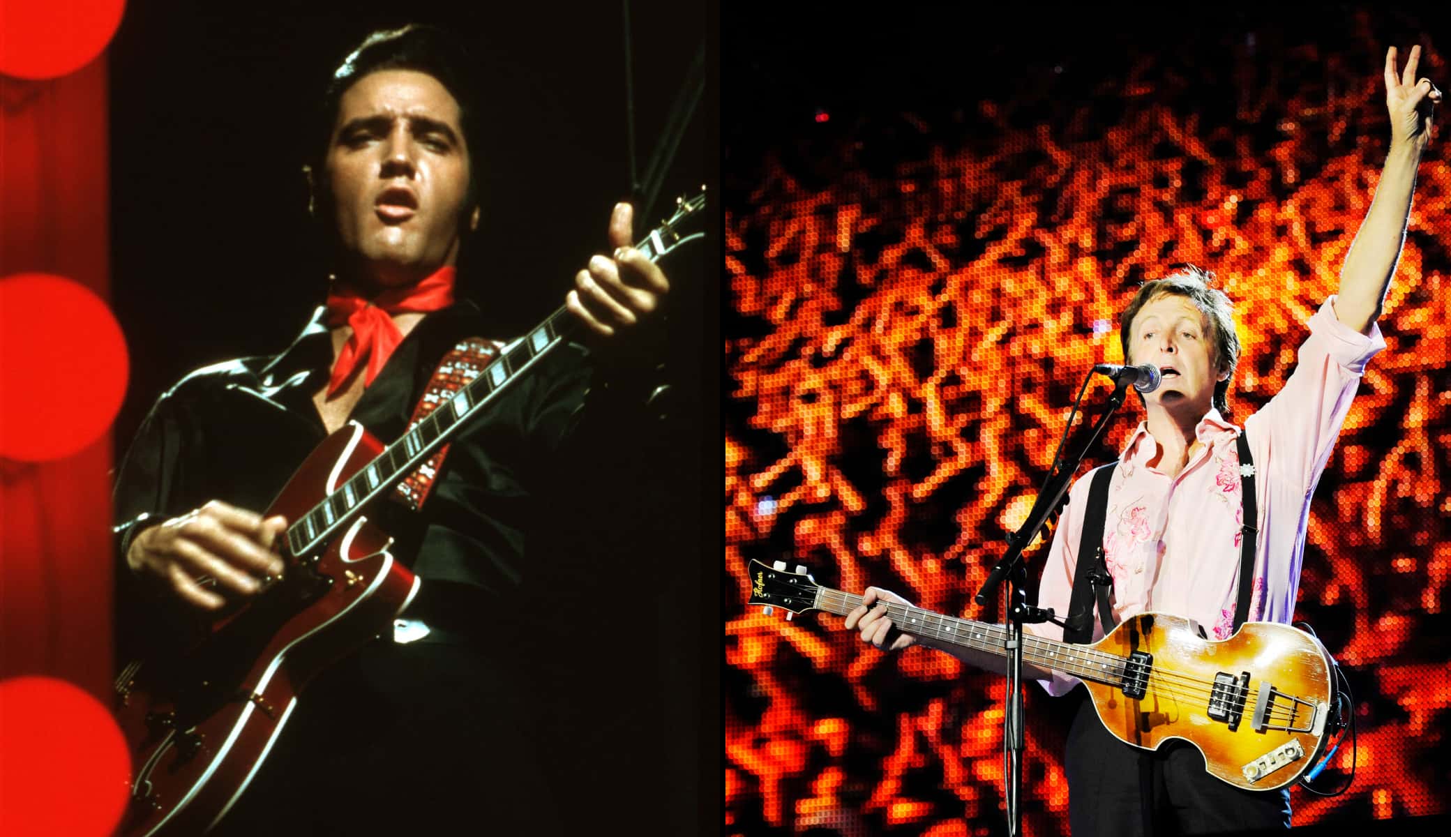 Rock and roll musician Elvis Presley plays a Gibson electric guitar
