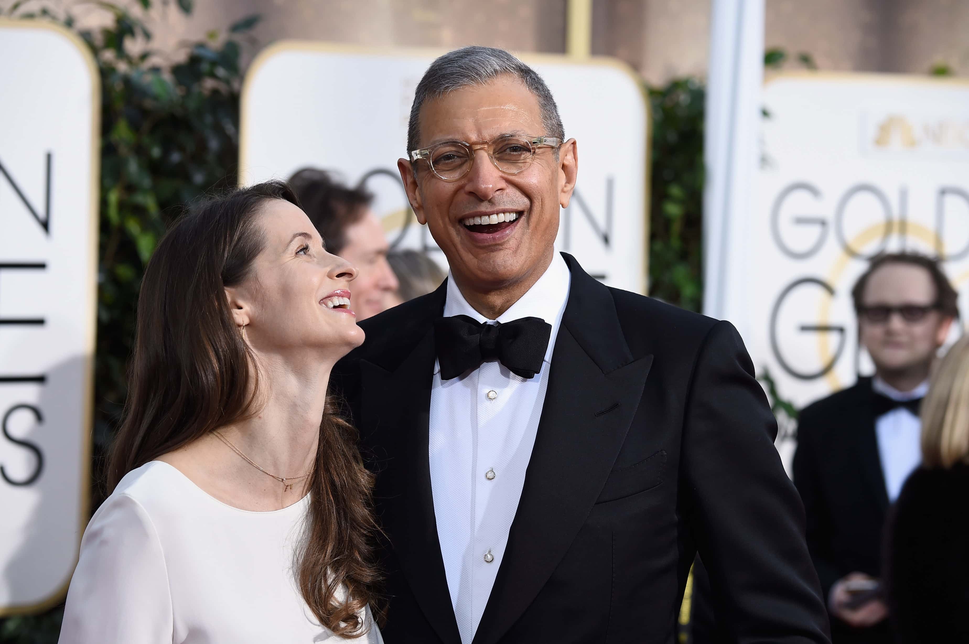 Jeff Goldblum (R) and Emilie Livingston attend the 72nd Annual Golden Globe Awards
