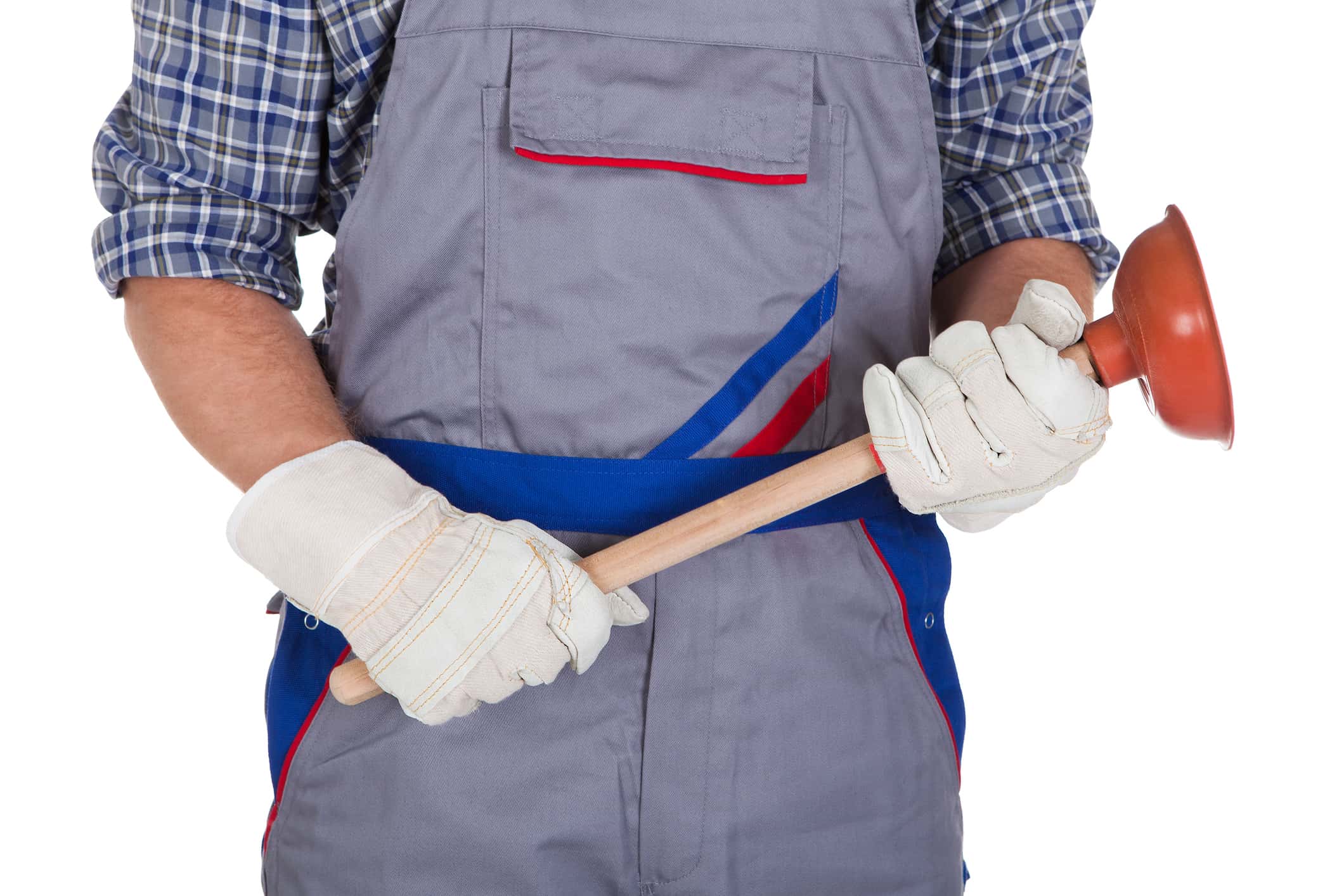 Cropped image of plumber holding plunger.