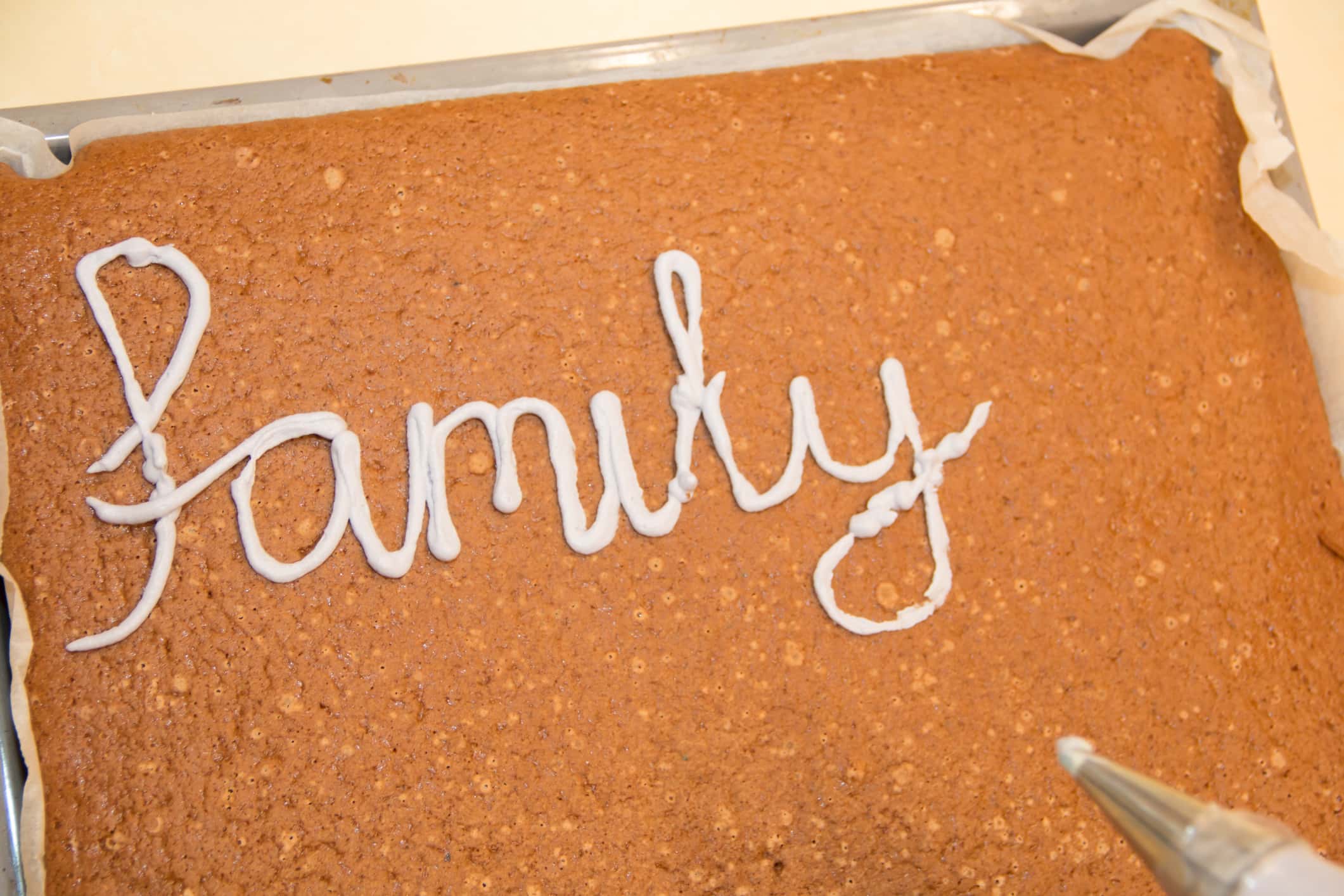 High Angle View Of 'Family' Text On Cake.
