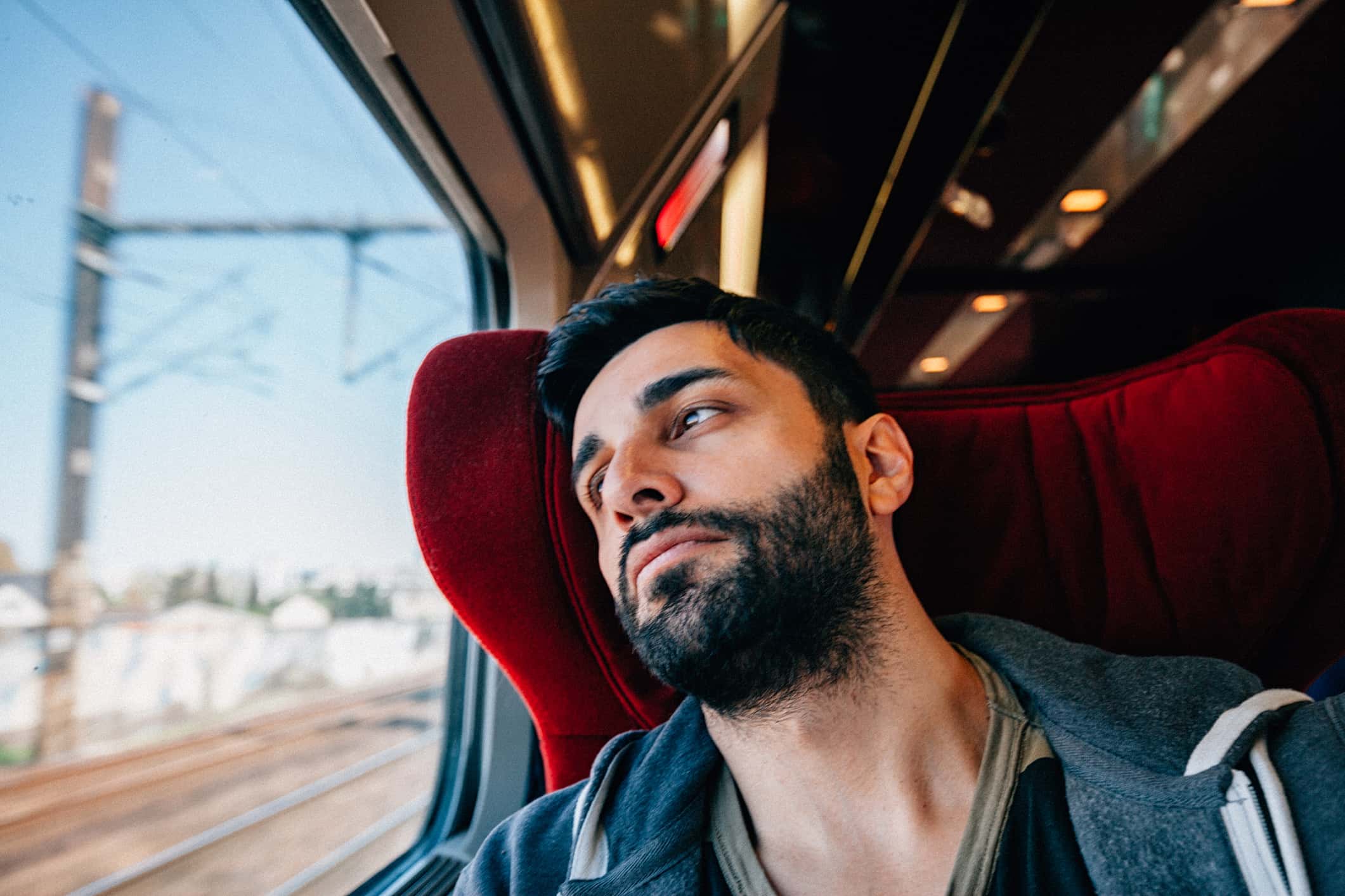 Young Man Traveling In Train.